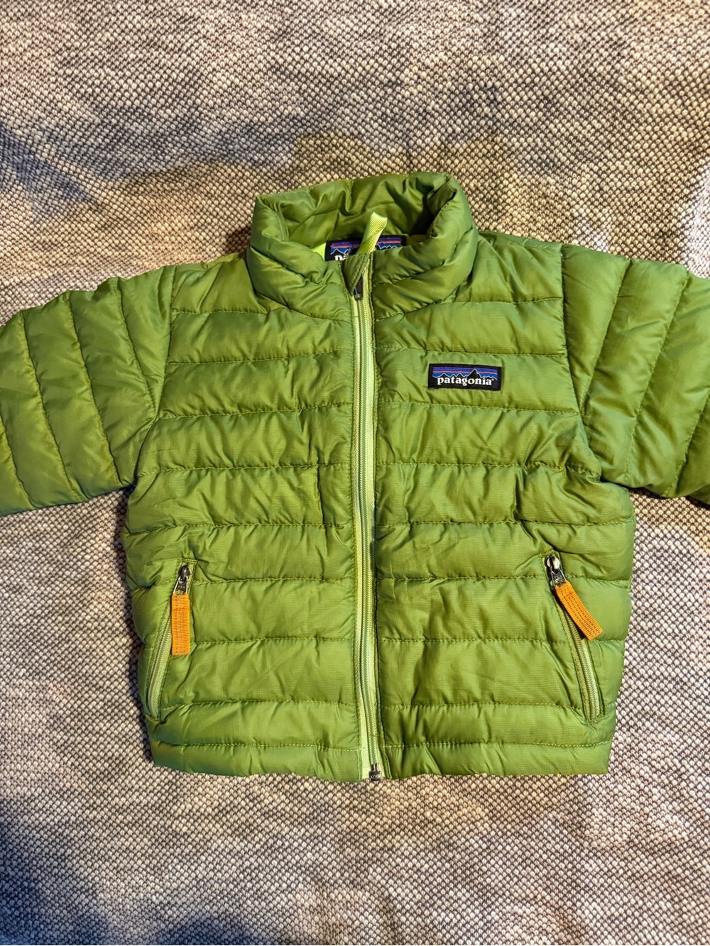 Patagonia Kids Lime Green Puffer Jacket with Yellow Zipper Tabs